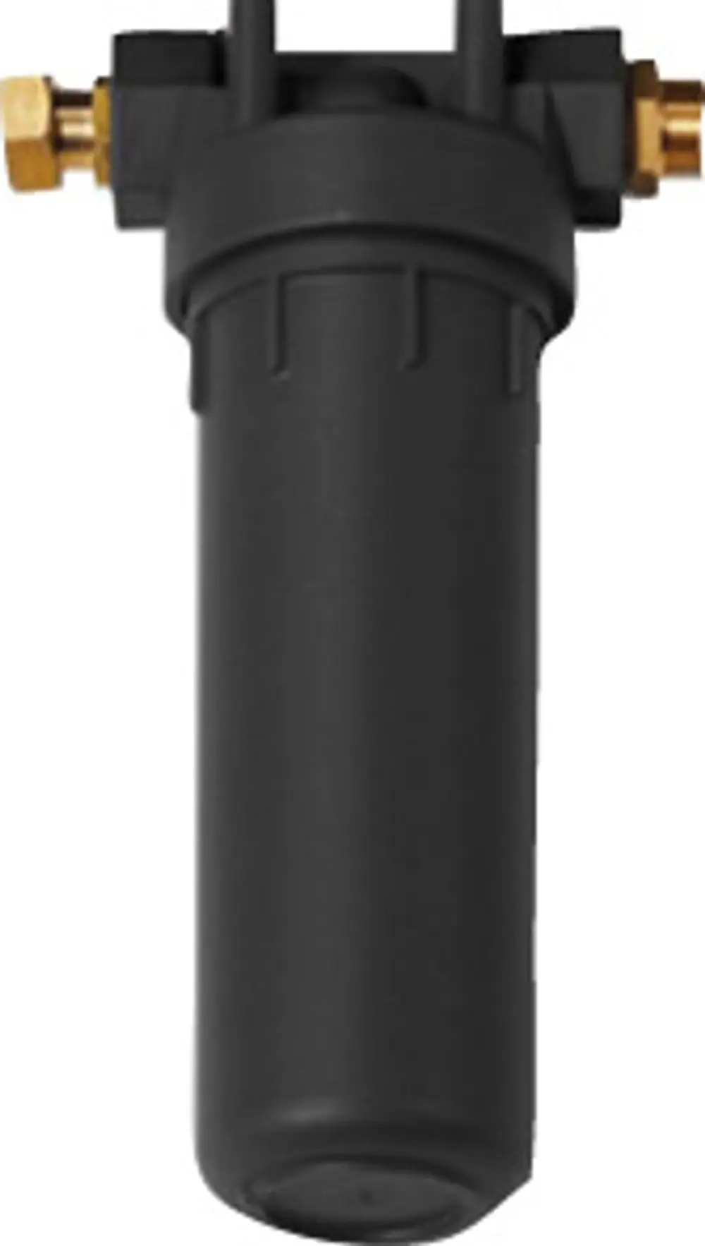 Schwarzer Kunststofffilter mit zwei Anschlussnippeln, geeignet für die Wasseraufbereitung. Produkt eventuell von Bosch. Filtrationssystem zur Integration in bestehende Installationen.